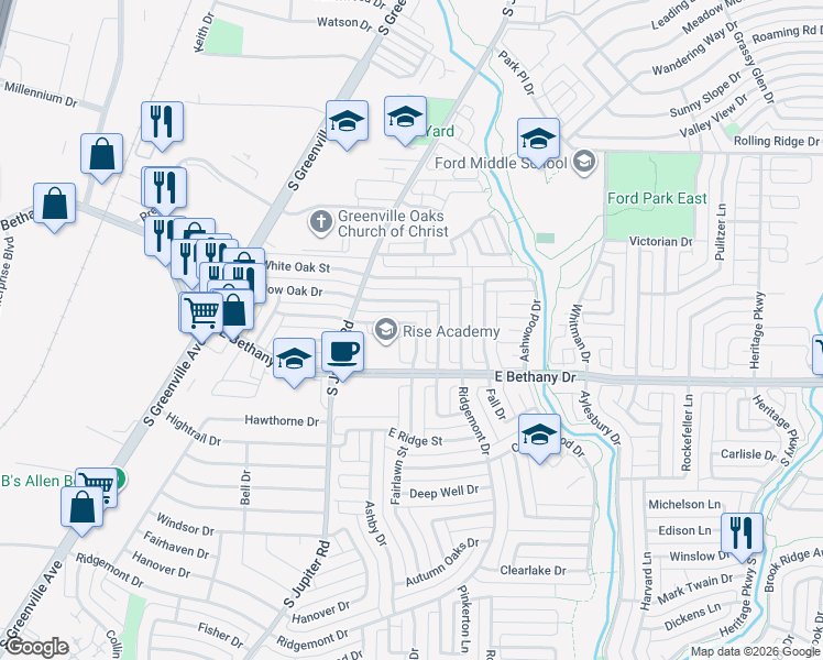 map of restaurants, bars, coffee shops, grocery stores, and more near 731 Fairlawn Street in Allen