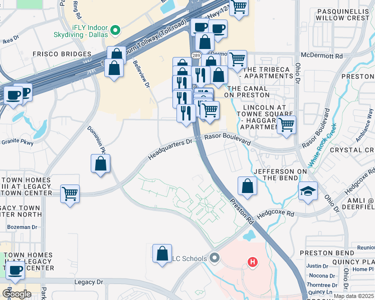 map of restaurants, bars, coffee shops, grocery stores, and more near 5000 Headquarters Drive in Plano