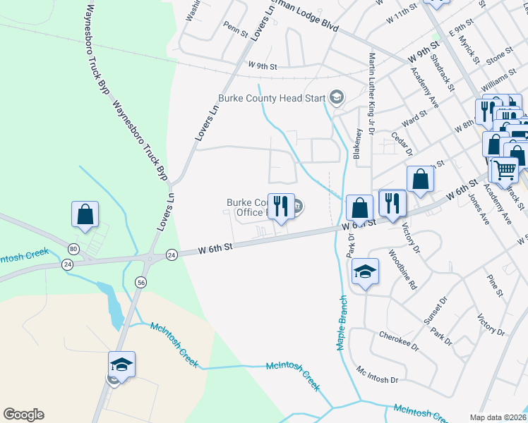 map of restaurants, bars, coffee shops, grocery stores, and more near 725 West 6th Street in Waynesboro