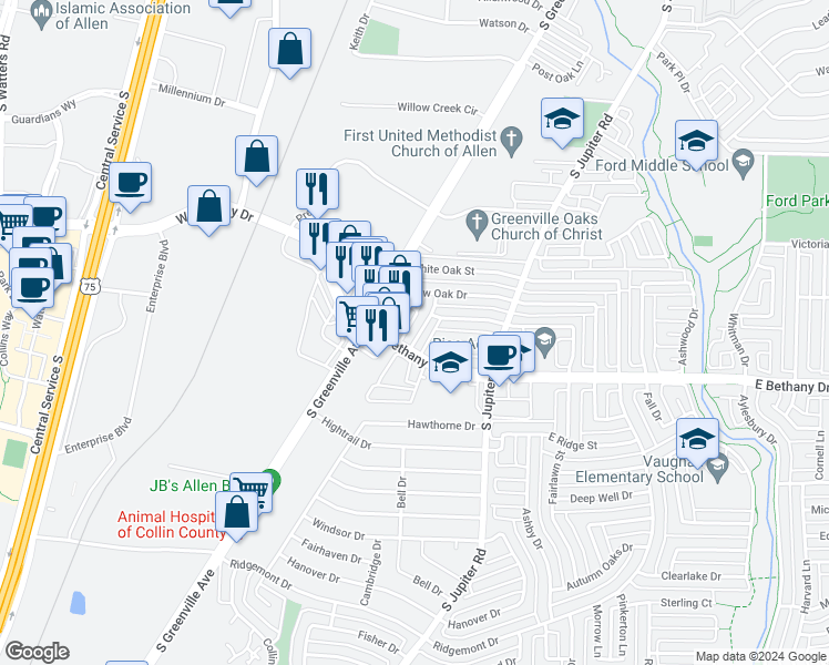 map of restaurants, bars, coffee shops, grocery stores, and more near 505 Scarlet Oak Drive in Allen