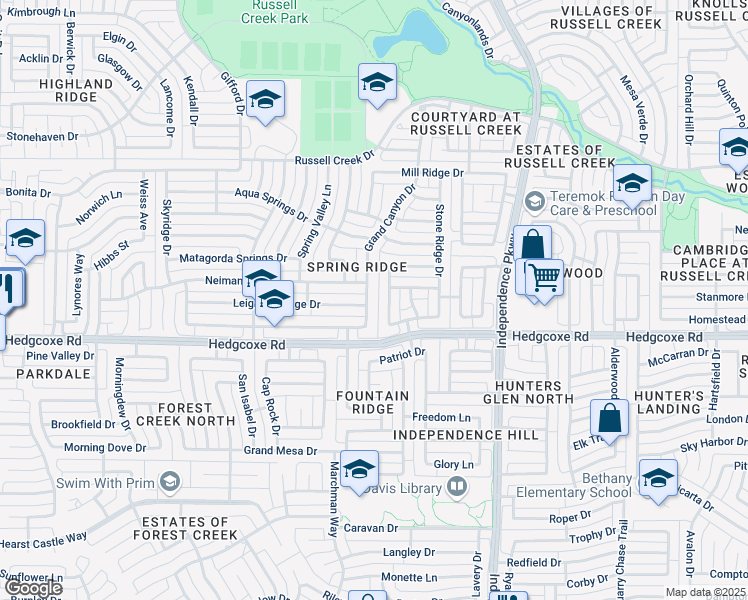 map of restaurants, bars, coffee shops, grocery stores, and more near 3300 Leighton Ridge Drive in Plano