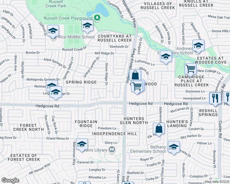 map of restaurants, bars, coffee shops, grocery stores, and more near 8000 Springmoss Drive in Plano