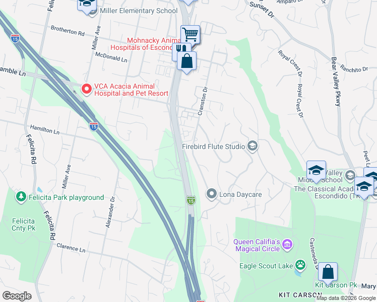 map of restaurants, bars, coffee shops, grocery stores, and more near 2707 Centre City Parkway in Escondido
