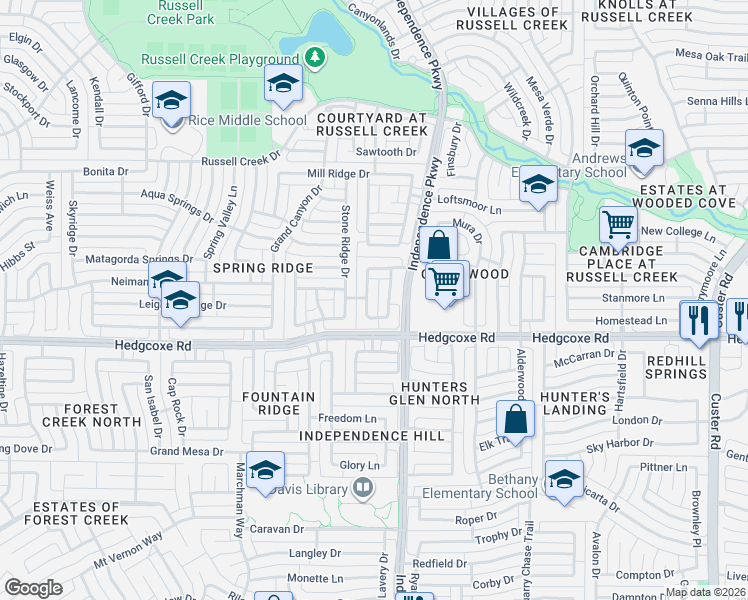 map of restaurants, bars, coffee shops, grocery stores, and more near 8000 Springmoss Drive in Plano