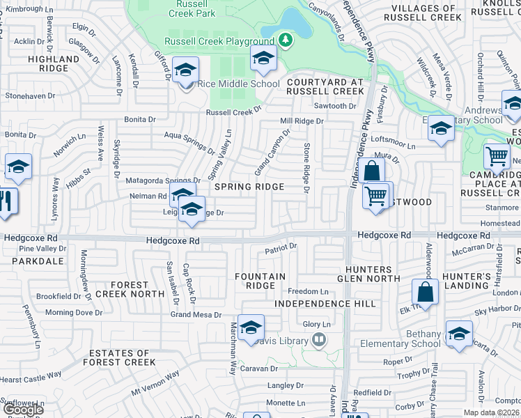 map of restaurants, bars, coffee shops, grocery stores, and more near 3300 Leighton Ridge Drive in Plano