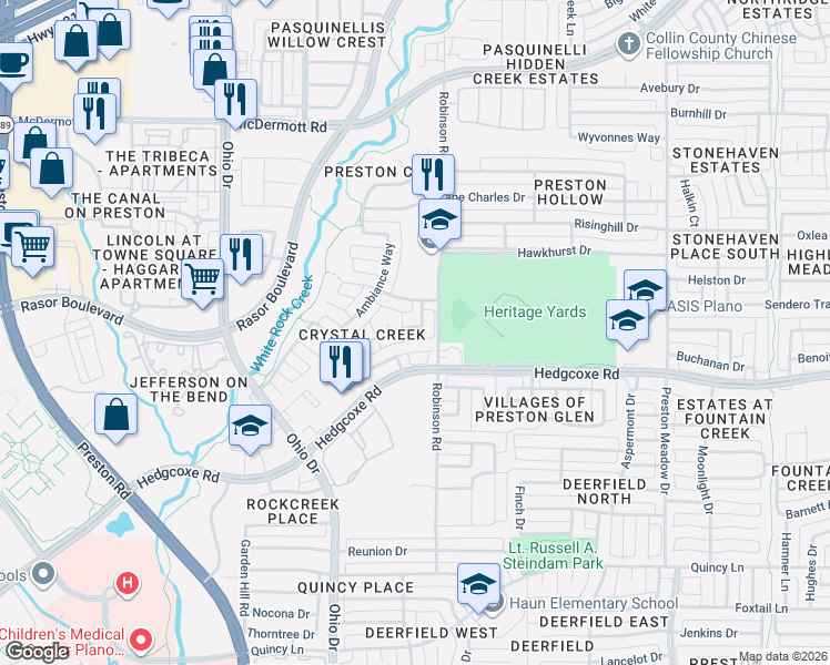 map of restaurants, bars, coffee shops, grocery stores, and more near 4629 Chapel Creek Drive in Plano