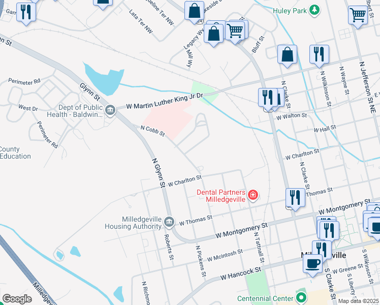 map of restaurants, bars, coffee shops, grocery stores, and more near 705 Matheson Road in Milledgeville