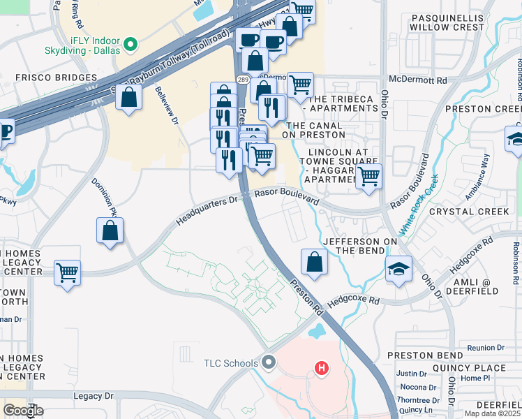 map of restaurants, bars, coffee shops, grocery stores, and more near Broadway Drive in Plano