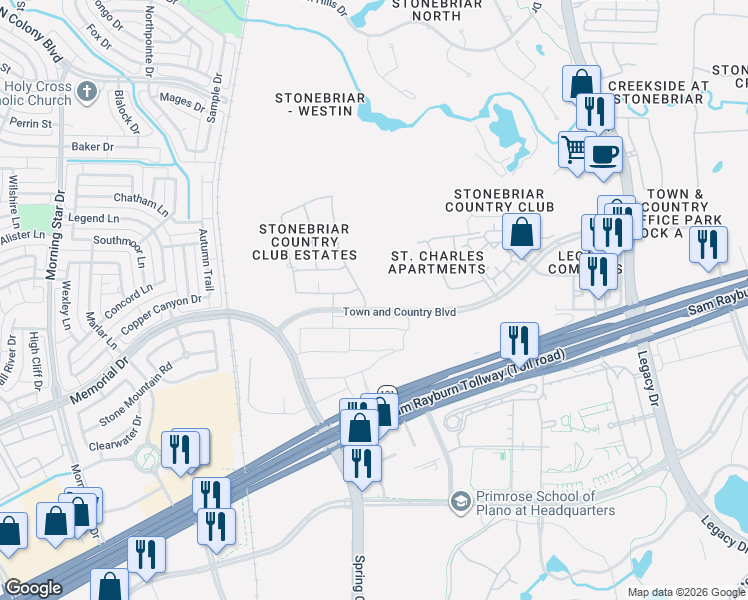map of restaurants, bars, coffee shops, grocery stores, and more near 1450 Hilton Head Lane in Frisco
