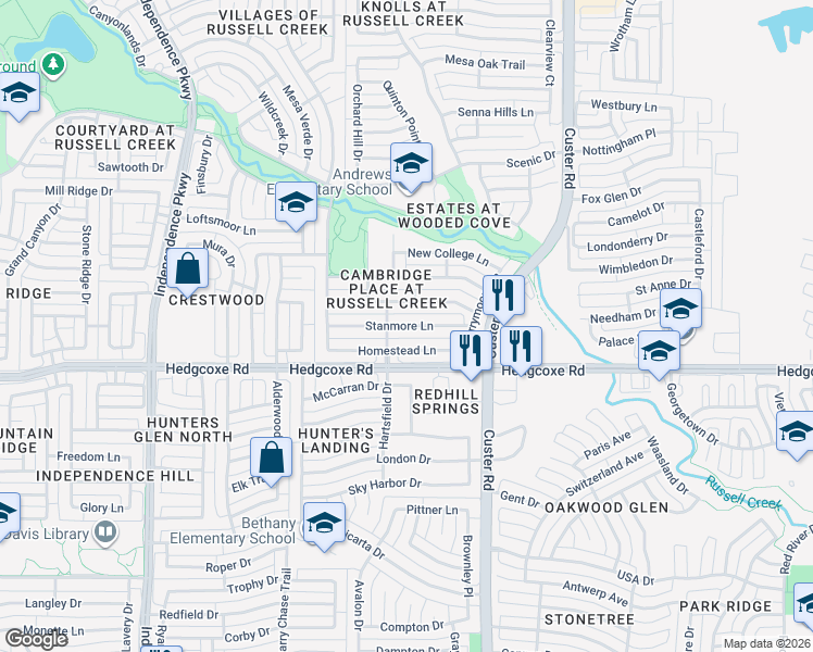 map of restaurants, bars, coffee shops, grocery stores, and more near 2233 Homestead Lane in Plano