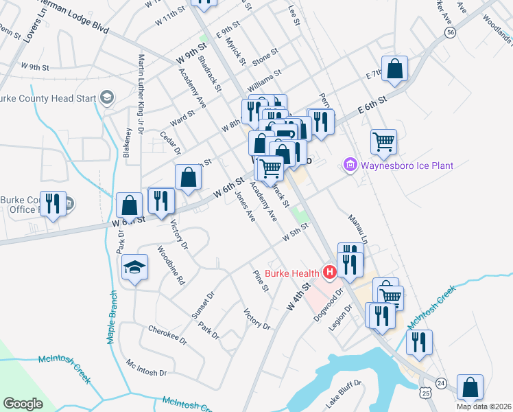 map of restaurants, bars, coffee shops, grocery stores, and more near 522 Jones Avenue in Waynesboro