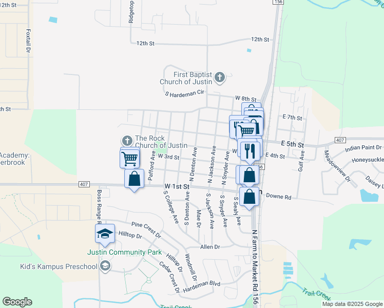 map of restaurants, bars, coffee shops, grocery stores, and more near 417 West 3rd Street in Justin