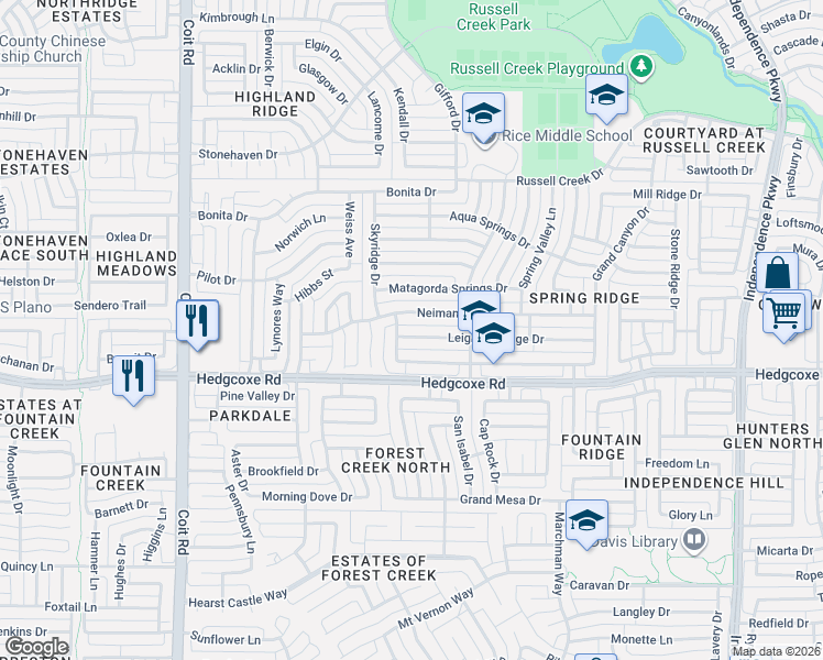 map of restaurants, bars, coffee shops, grocery stores, and more near 8009 Mountain Ridge Drive in Plano