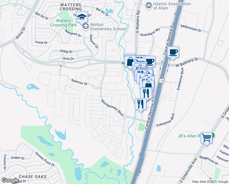 map of restaurants, bars, coffee shops, grocery stores, and more near 1041 Spencer Street South in Allen