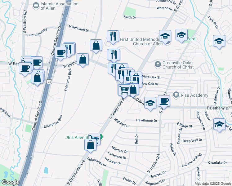 map of restaurants, bars, coffee shops, grocery stores, and more near 810 South Greenville Avenue in Allen