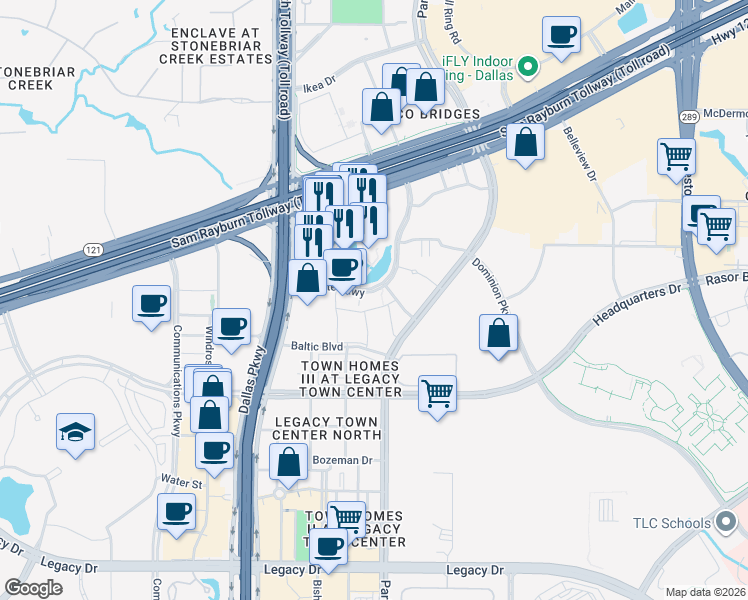 map of restaurants, bars, coffee shops, grocery stores, and more near 5700 Granite Parkway in Plano