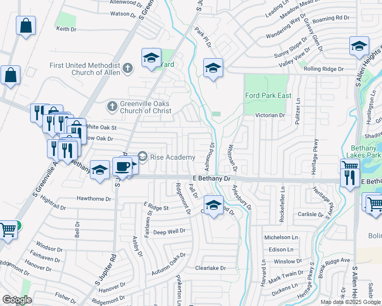 map of restaurants, bars, coffee shops, grocery stores, and more near 717 Cottonwood Bend Drive in Allen