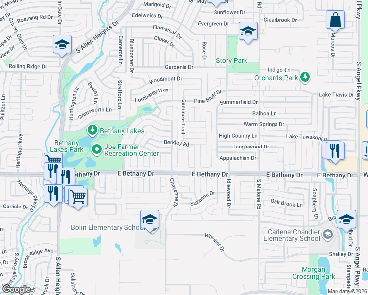 map of restaurants, bars, coffee shops, grocery stores, and more near 739 Cheyenne Drive in Allen