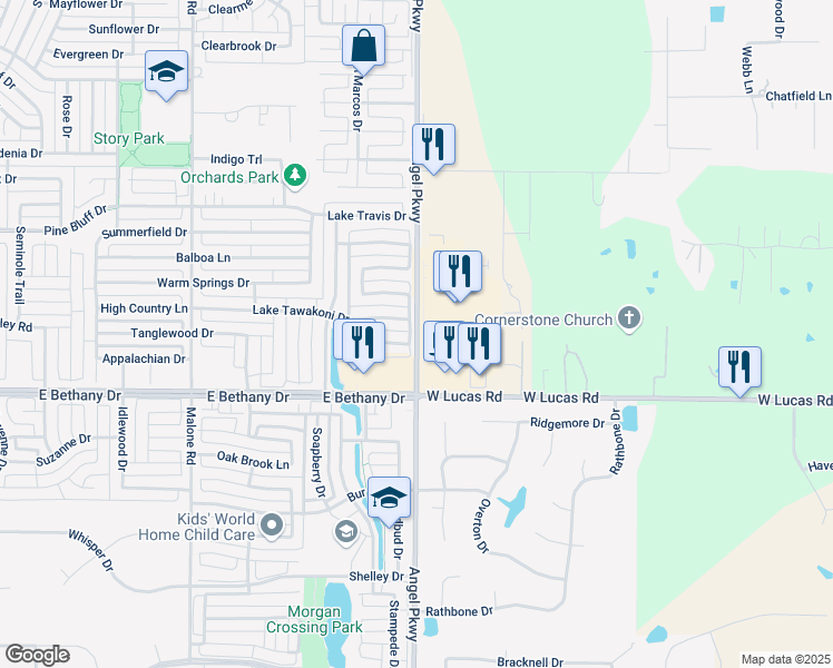 map of restaurants, bars, coffee shops, grocery stores, and more near Angel Parkway in Allen