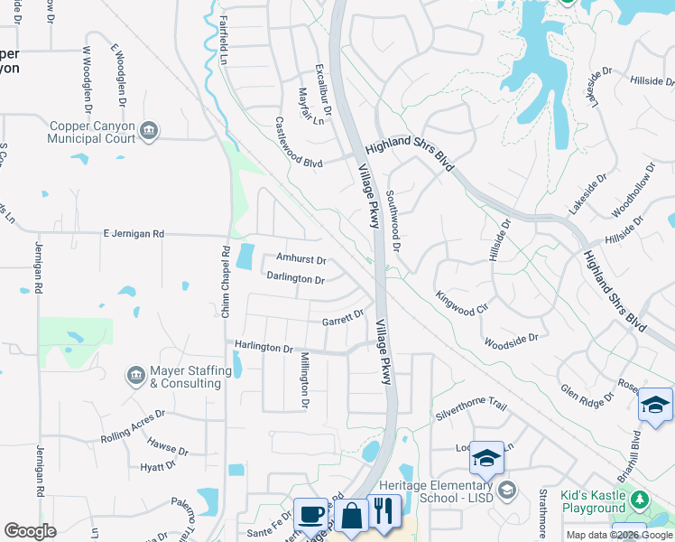 map of restaurants, bars, coffee shops, grocery stores, and more near 2804 Deerhurst Drive in Highland Village