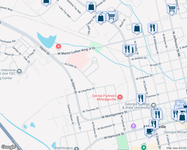 map of restaurants, bars, coffee shops, grocery stores, and more near 717 Matheson Road in Milledgeville