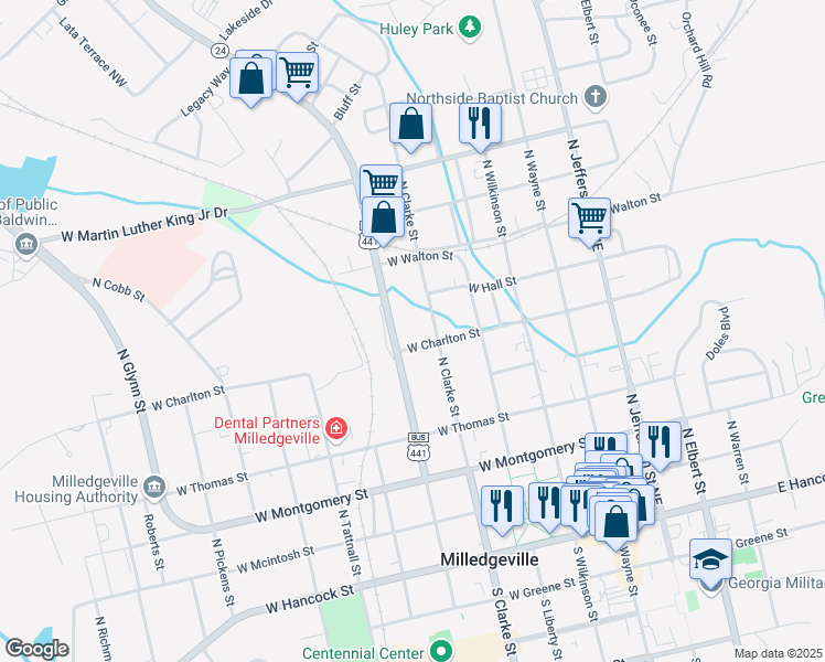 map of restaurants, bars, coffee shops, grocery stores, and more near 430 West Charlton Street in Milledgeville
