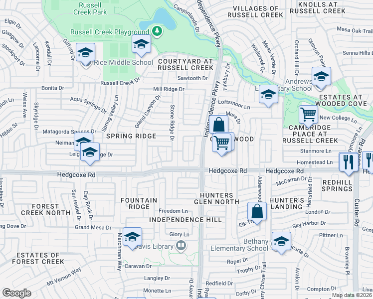 map of restaurants, bars, coffee shops, grocery stores, and more near 8000 Springmoss Drive in Plano