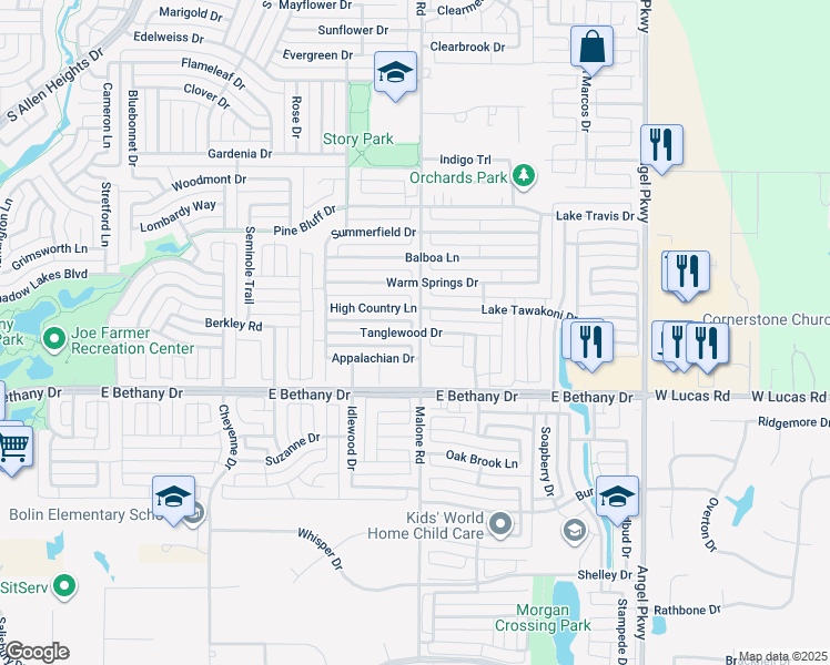 map of restaurants, bars, coffee shops, grocery stores, and more near Tanglewood Drive in Allen