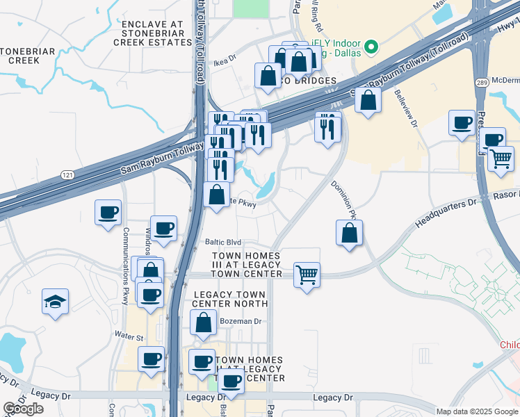 map of restaurants, bars, coffee shops, grocery stores, and more near 5700 Granite Parkway in Plano
