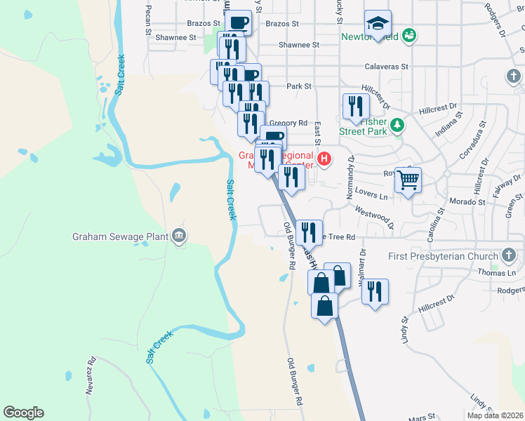 map of restaurants, bars, coffee shops, grocery stores, and more near 1709 Family Lane in Graham