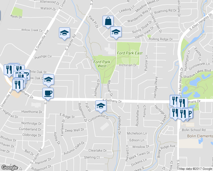 map of restaurants, bars, coffee shops, grocery stores, and more near 905 Whitman Circle in Allen