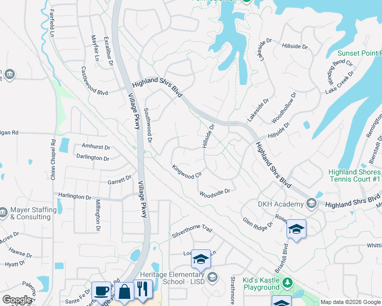 map of restaurants, bars, coffee shops, grocery stores, and more near 920 Hillside Court in Highland Village