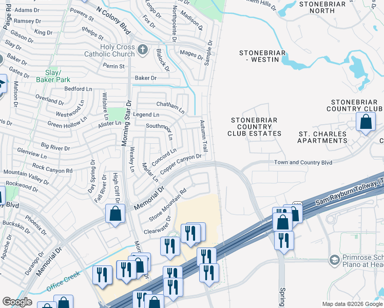 map of restaurants, bars, coffee shops, grocery stores, and more near 5913 Copper Canyon Drive in The Colony