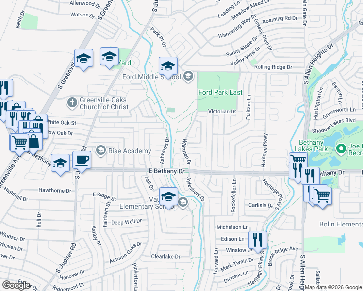map of restaurants, bars, coffee shops, grocery stores, and more near 905 Whitman Circle in Allen