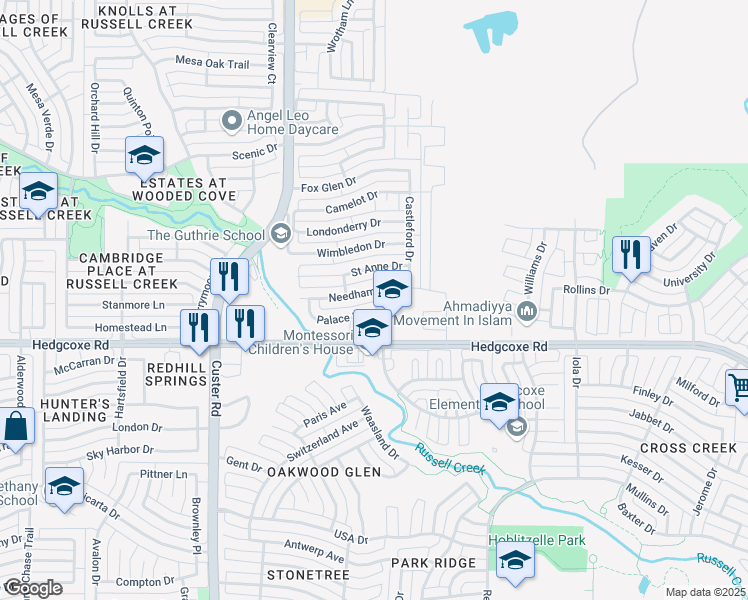 map of restaurants, bars, coffee shops, grocery stores, and more near 715 Duchess Drive in Allen