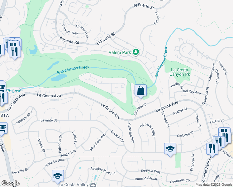 map of restaurants, bars, coffee shops, grocery stores, and more near 2639 Pirineos Way in Carlsbad