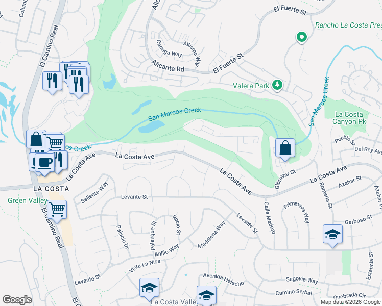 map of restaurants, bars, coffee shops, grocery stores, and more near 7610 La Coruna Place in Carlsbad