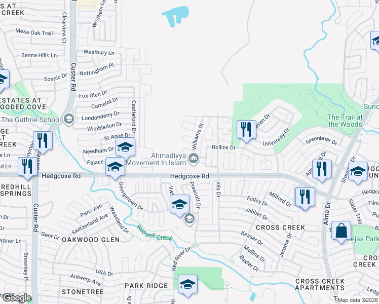 map of restaurants, bars, coffee shops, grocery stores, and more near 1813 Glenville Drive in Allen