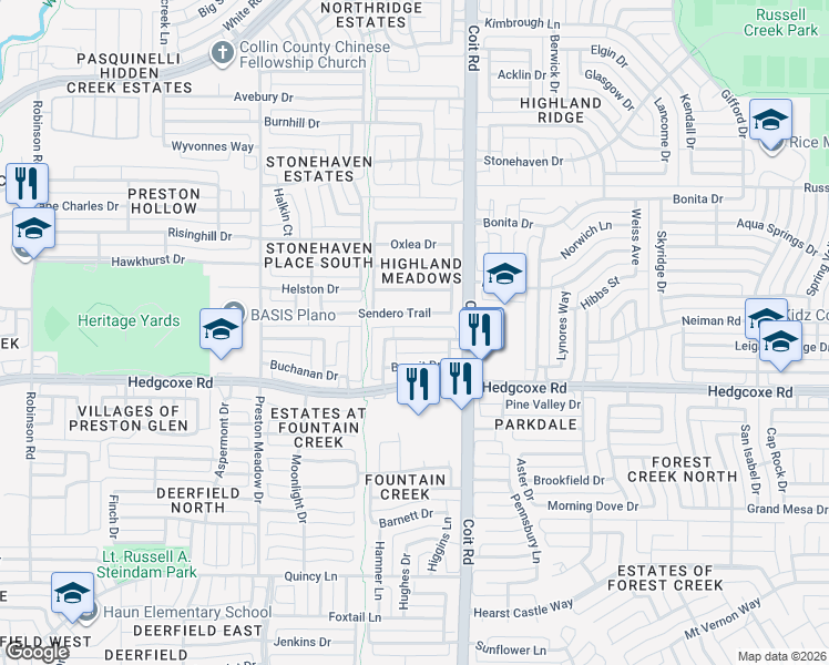 map of restaurants, bars, coffee shops, grocery stores, and more near 4033 Benoit Drive in Plano