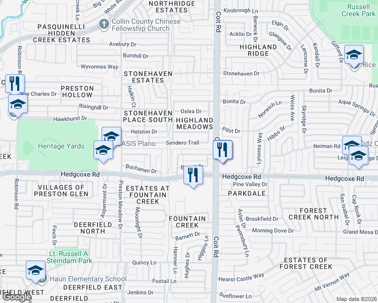 map of restaurants, bars, coffee shops, grocery stores, and more near 4033 Benoit Drive in Plano