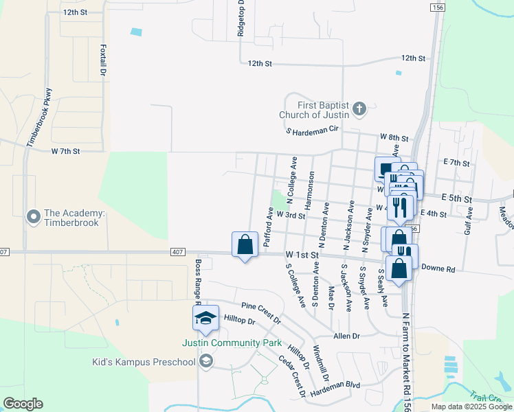 map of restaurants, bars, coffee shops, grocery stores, and more near 406 Leuty Avenue in Justin