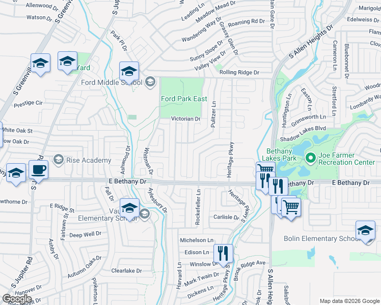 map of restaurants, bars, coffee shops, grocery stores, and more near 757 Pulitzer Lane in Allen