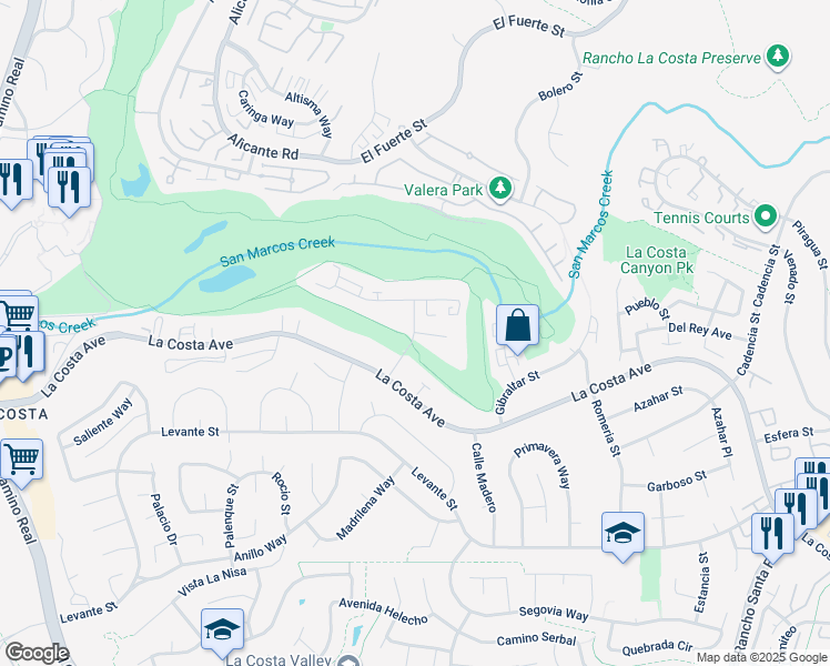 map of restaurants, bars, coffee shops, grocery stores, and more near Viejo Castilla Way & Pirineos Way in Carlsbad