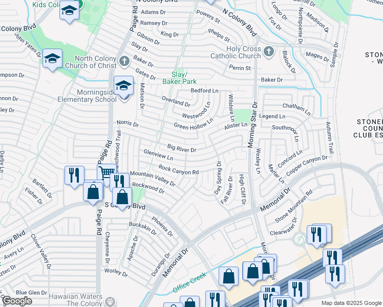 map of restaurants, bars, coffee shops, grocery stores, and more near 5649 Norris Drive in The Colony