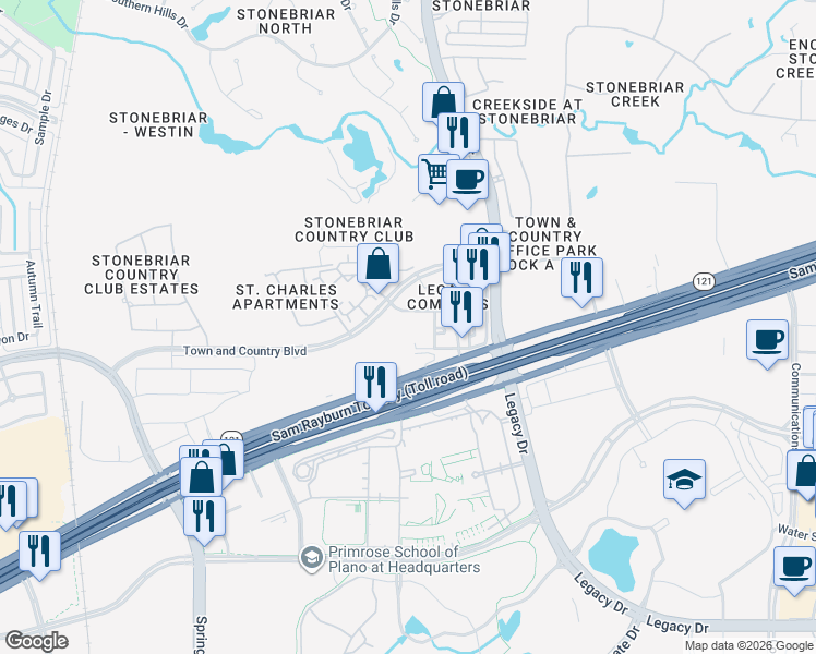 map of restaurants, bars, coffee shops, grocery stores, and more near 5275 Town and Country Boulevard in Frisco