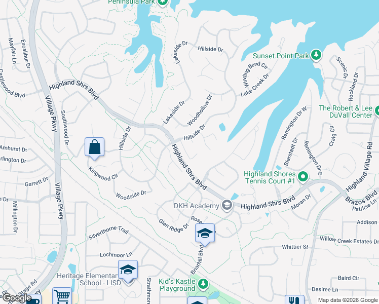 map of restaurants, bars, coffee shops, grocery stores, and more near 745 Oak Leaf Court in Highland Village