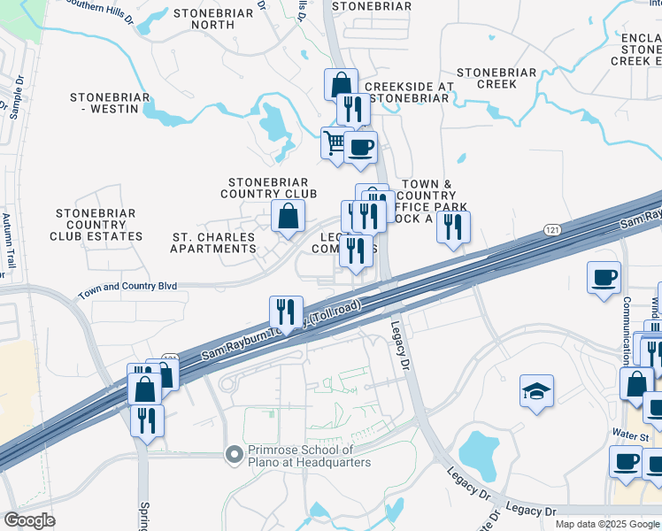 map of restaurants, bars, coffee shops, grocery stores, and more near 5725 Town and Country Boulevard in Frisco