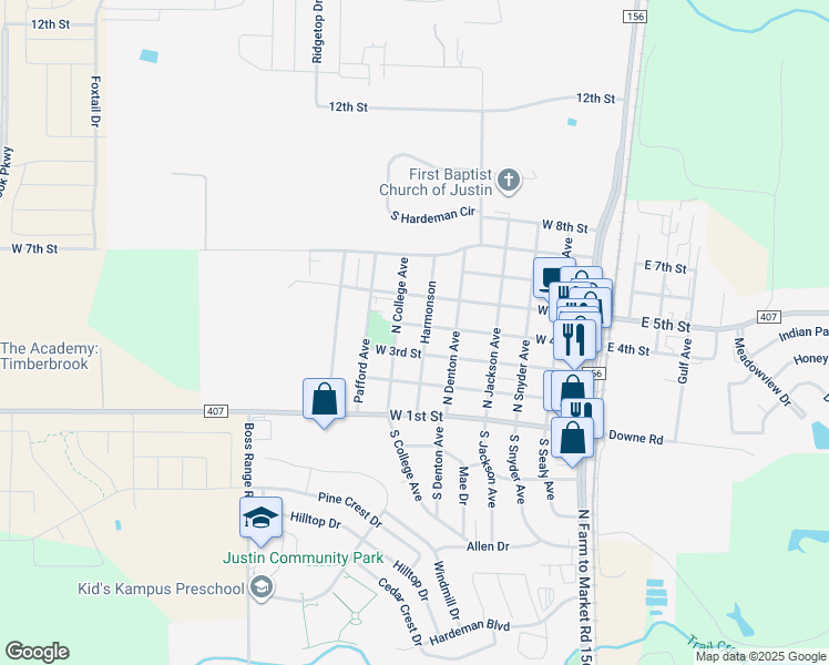 map of restaurants, bars, coffee shops, grocery stores, and more near 602 West 4th Street in Justin
