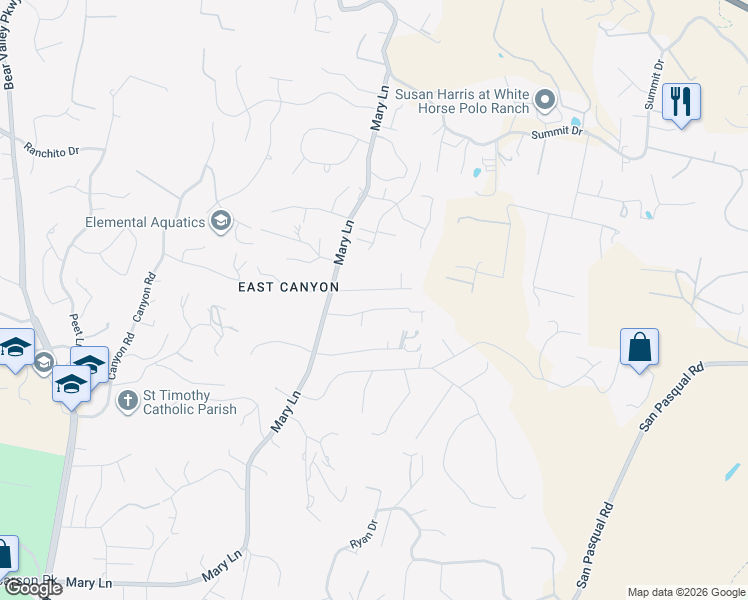 map of restaurants, bars, coffee shops, grocery stores, and more near 2644 Mary Lane Place in Escondido