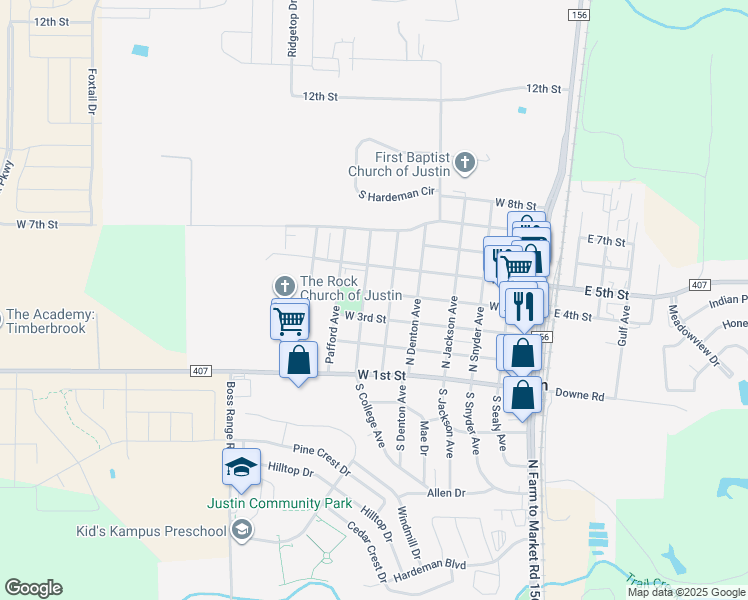 map of restaurants, bars, coffee shops, grocery stores, and more near 615 West 4th Street in Justin